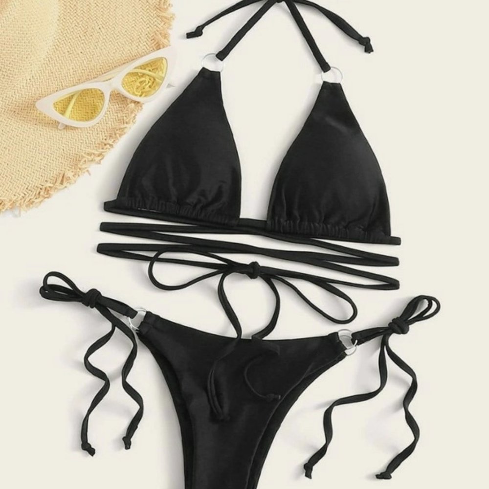 2-PC Ring Linked Halter Triangle Bikini Swimsuit